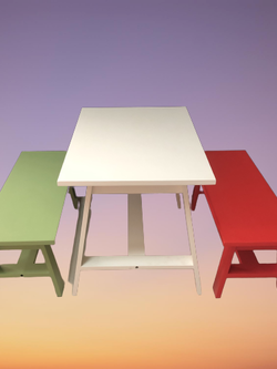 โต๊ะไม้เล็กๆ โต๊ะเขียนหนังสือเด็ก พร้อม 2 ม้านั่ง ขนาดโต๊ะ W 55 x L 90 x H 55 Cms.สีขาว เขียว แดง