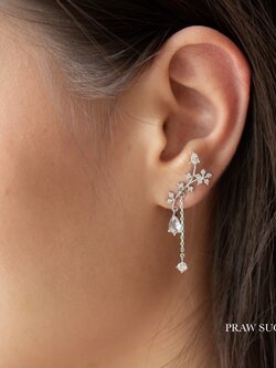 ต่างหูทรงยาวสวยหรูใบไม้และดอกไม้ - Elegant Flower and Leaf Long Earrings (ก้านเป็นเงินแท้) (มี 3 สี)